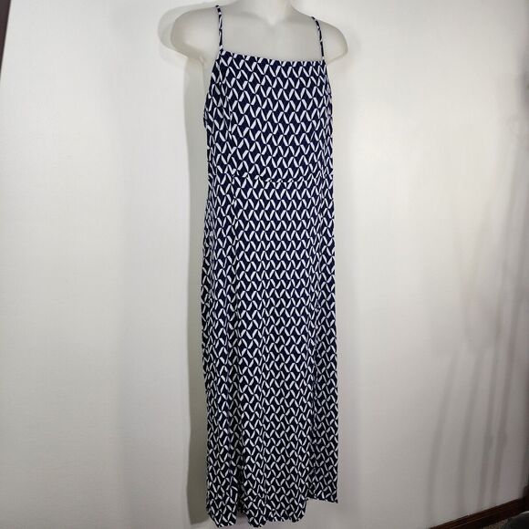 Banana Republic Dress Medium Slit Midi Navy Spaghetti Straps Smocking Geometric - Picture 3 of 12